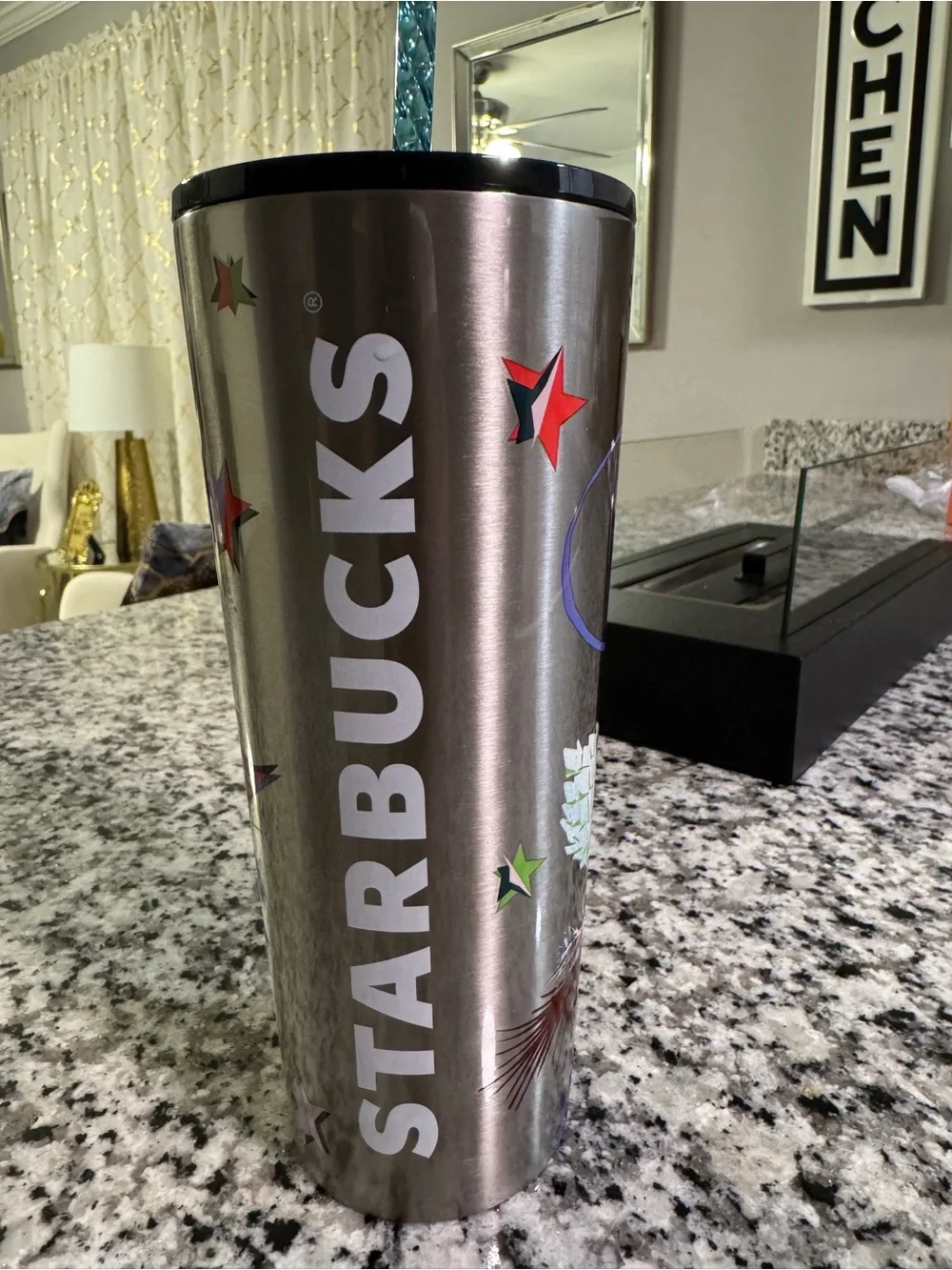 Starbucks Silver Stainless Travel Tumbler with Multicolor Star Accents